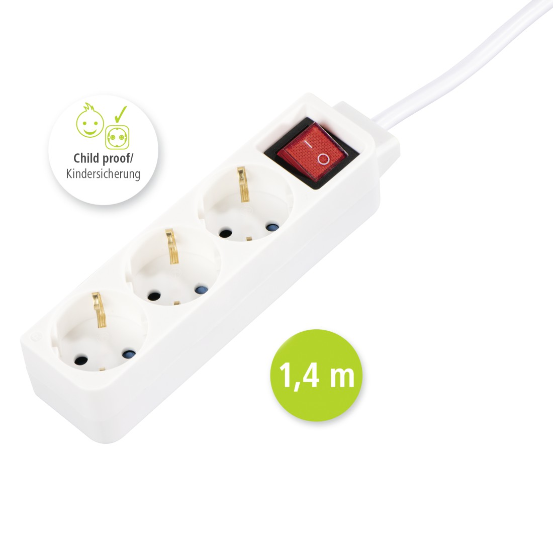Weiße Mehrfachsteckdose mit rotem Schalter, 3 Steckplätzen und 1,4m Kabel.