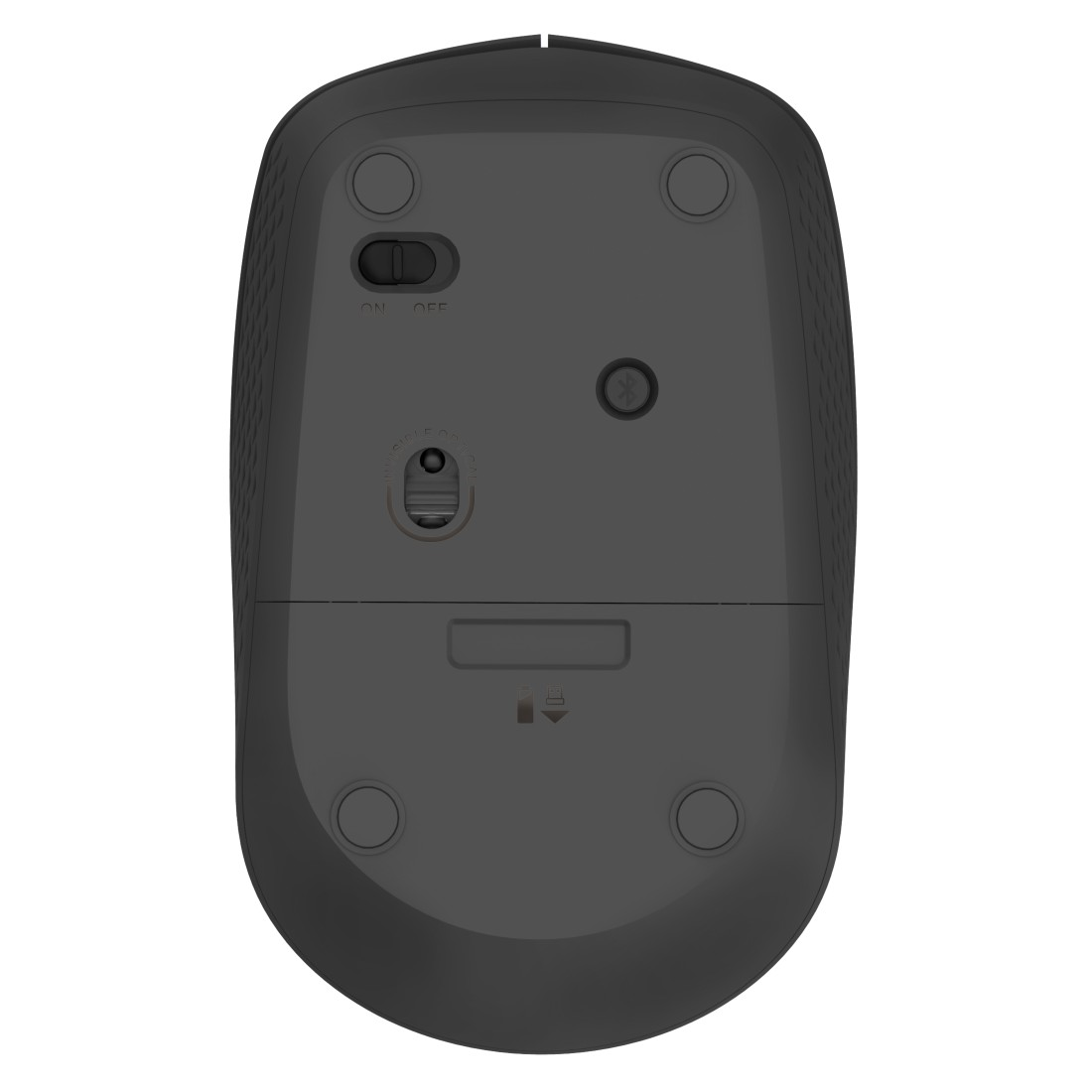 Draufsicht auf eine dunkelgraue Computermaus mit Tasten und einem Schalter.
