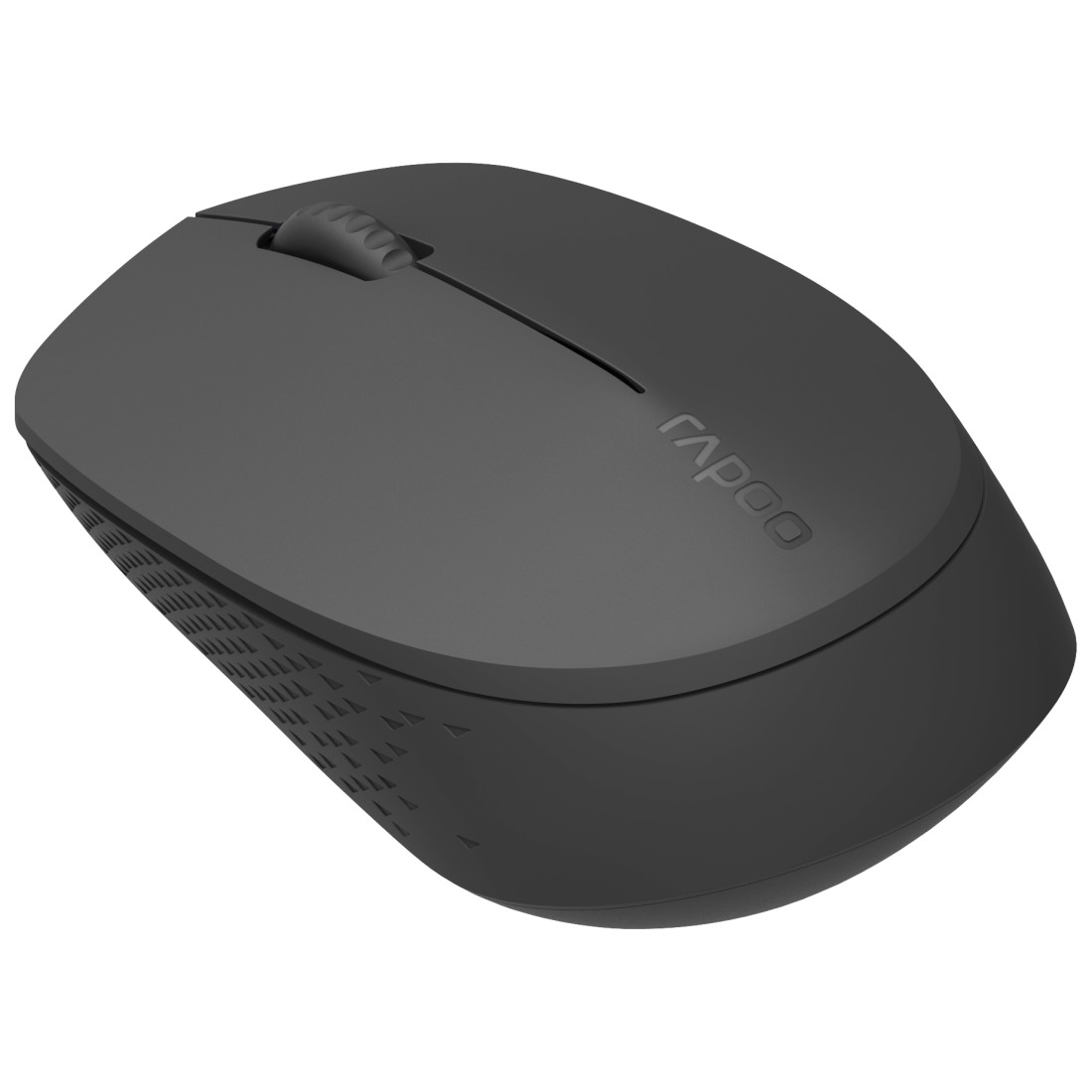 Eine graue drahtlose Computermaus mit einem Scrollrad.