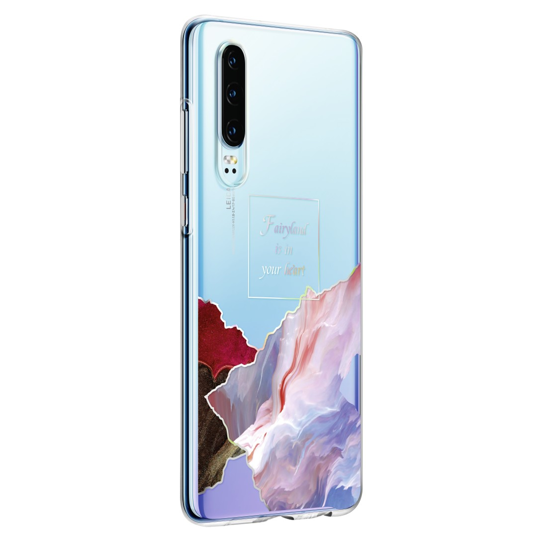 Telefon mit klarer Hülle, Bergkunst-Design. Blaue und rosa Farben. Weißer Hintergrund.