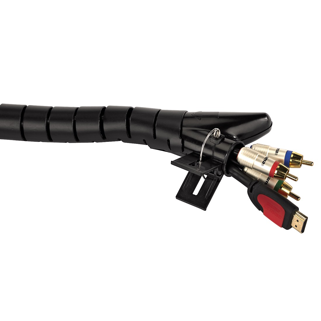 Schwarzer Kabelorganisator mit Kabeln. Kabel enthalten HDMI-, Audio- und Videoanschlüsse.