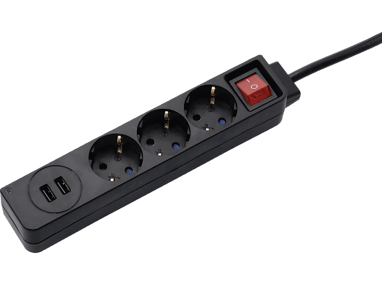 EXTRASTAR 6-in-1 Steckdosenleiste Mit USB – 4 Steckdosen + 2 USB-Ports (5V/2,1A), 1,5 M Kabel, 3680 W Max., Rot, Für Home & Office