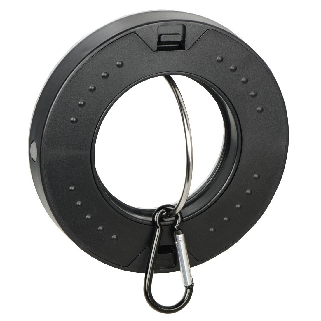 Schwarzer Ring mit silbernem Karabiner und Schlüsselring.
