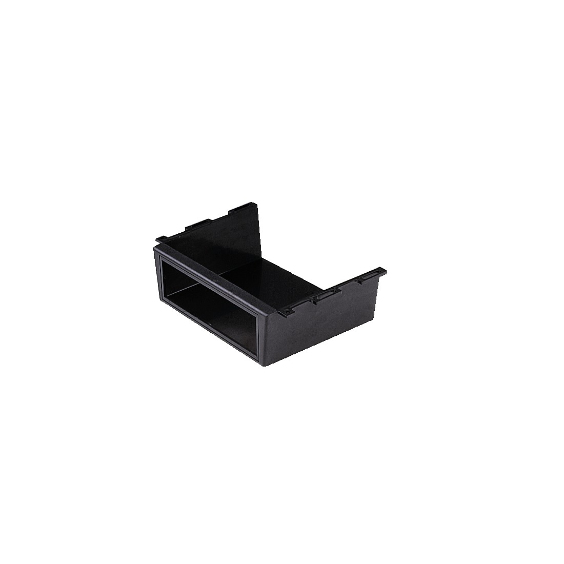 Schwarze, rechteckige Plastikbox. Sie hat einen hohlen Innenraum und befindet sich auf weißem Hintergrund.