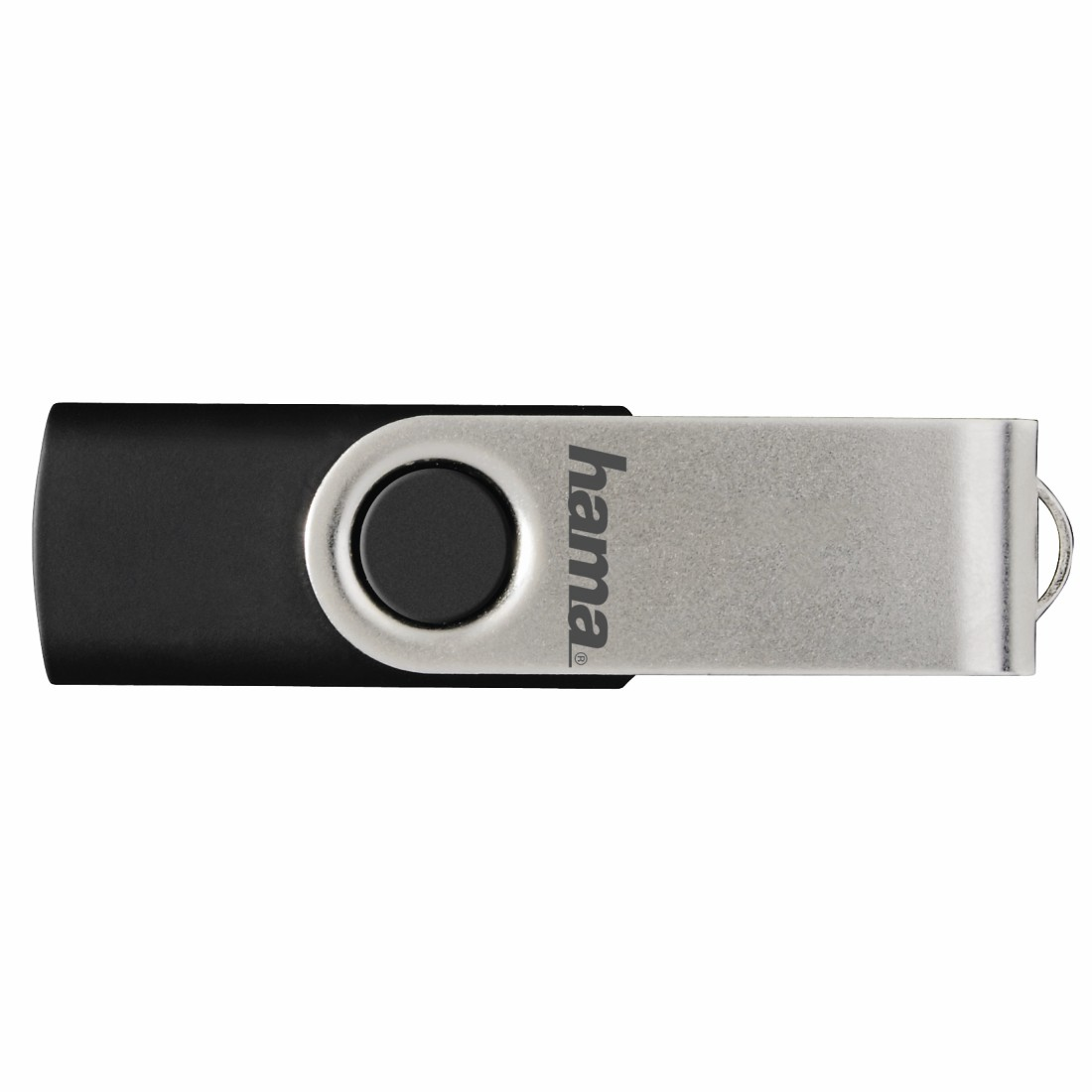 Schwarzer und silberner Hama USB-Stick mit schwarzem Knopf.
