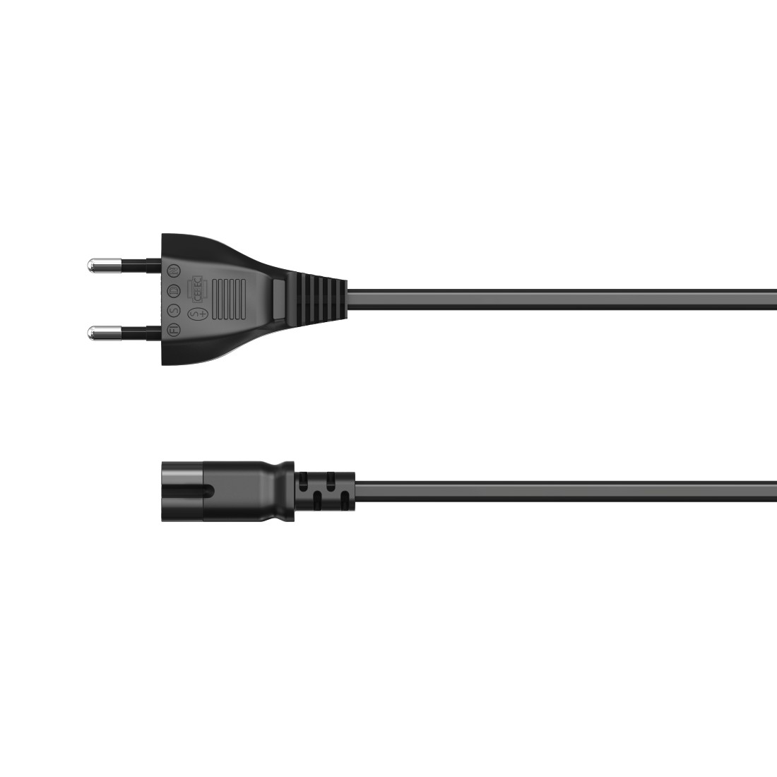 Schwarzes Netzkabel mit zweipoligem Stecker und Anschluss.