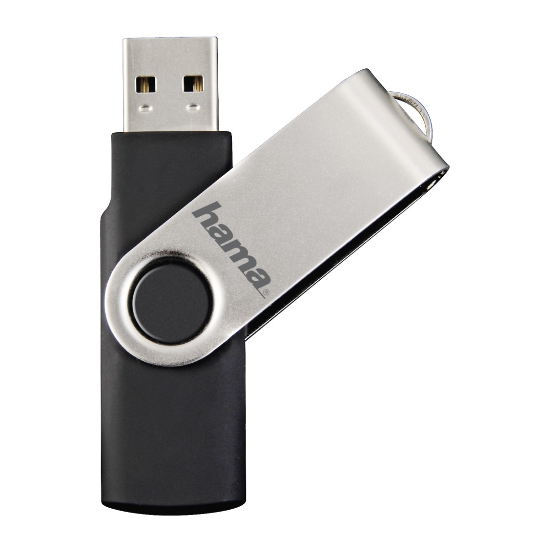 Silberner und schwarzer Hama USB-Stick, leicht nach rechts abgewinkelt.