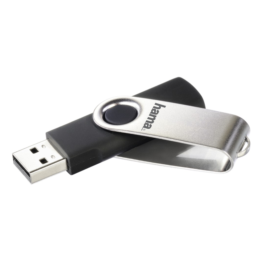 Ein schwarzer und silberner USB-Stick mit dem Markennamen 'hama' auf weißem Hintergrund.