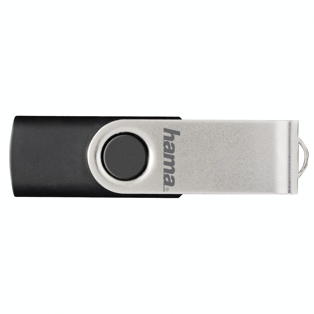Ein schwarzer und silberner USB-Stick liegt horizontal auf einer weißen Oberfläche, das Hama-Logo ist sichtbar.