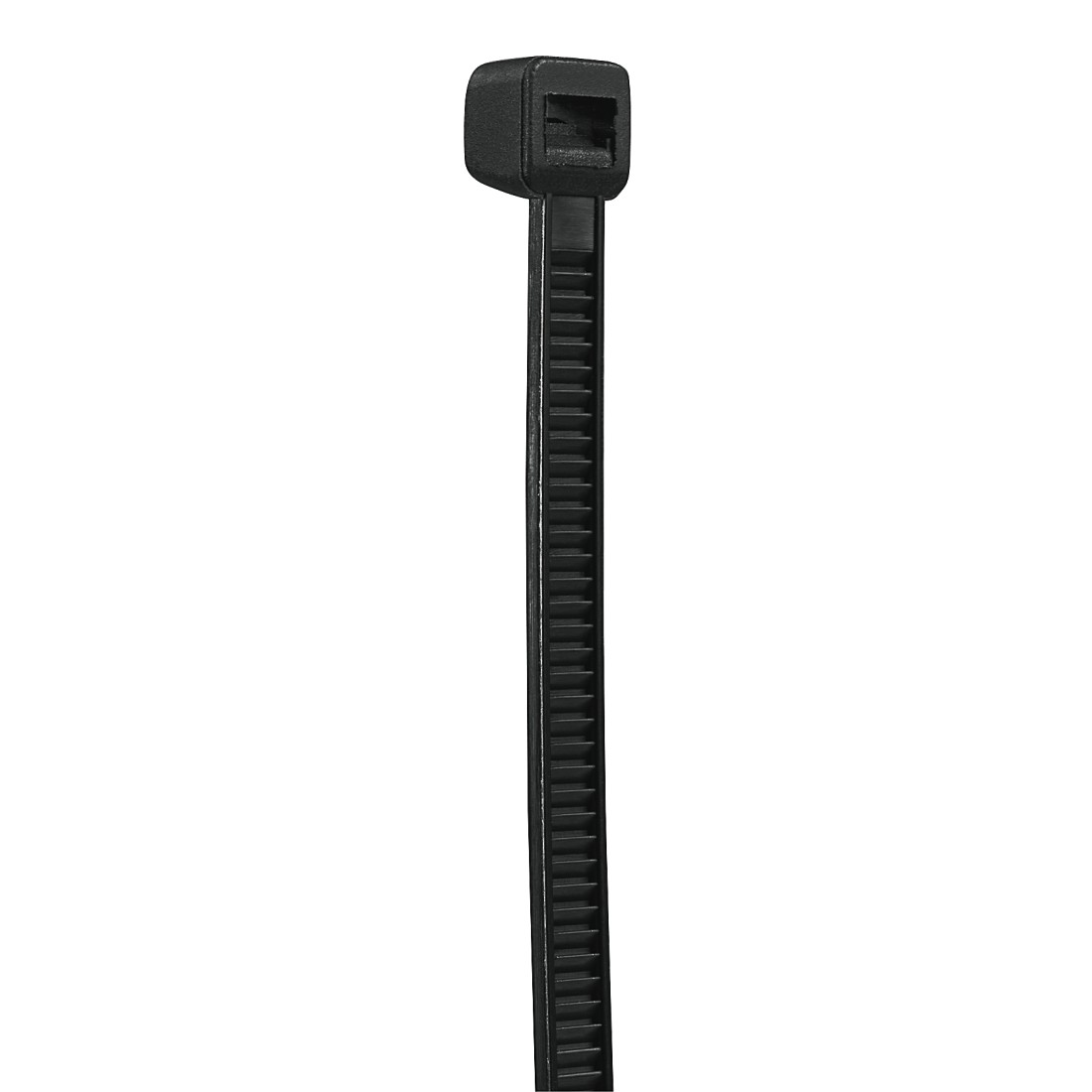 Ein schwarzer Kabelbinder. Es ist ein langer, dünner Kunststoffstreifen mit Rillen und einem Kopf.