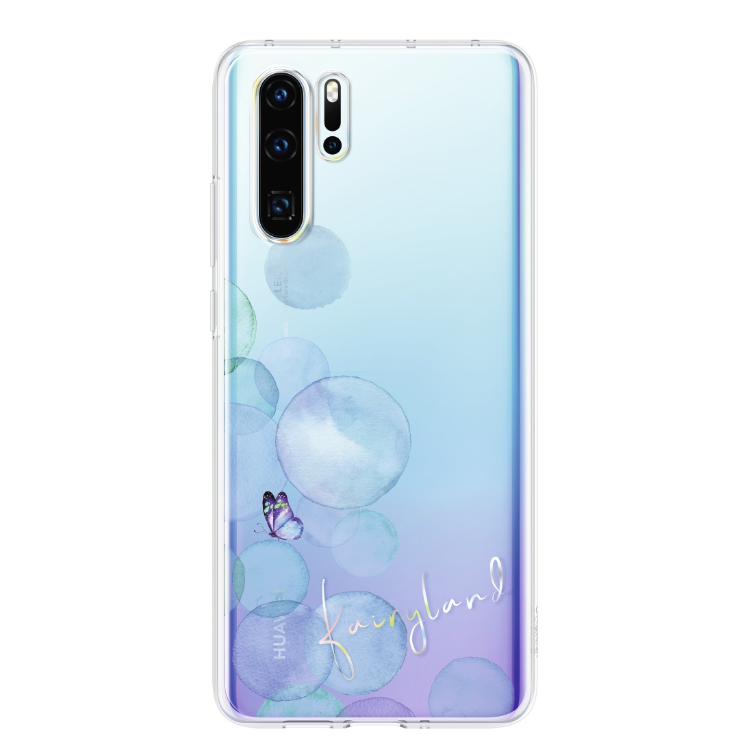 Transparente Handyhülle mit blauen Aquarellkreisen und einem Schmetterling.