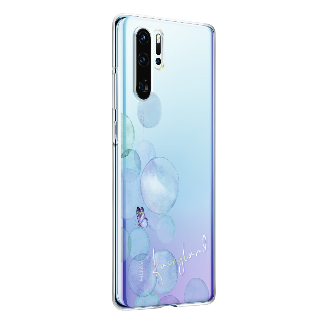 Blaues und türkisfarbenes Telefon mit einer Hülle mit Blasen und einem Schmetterling.