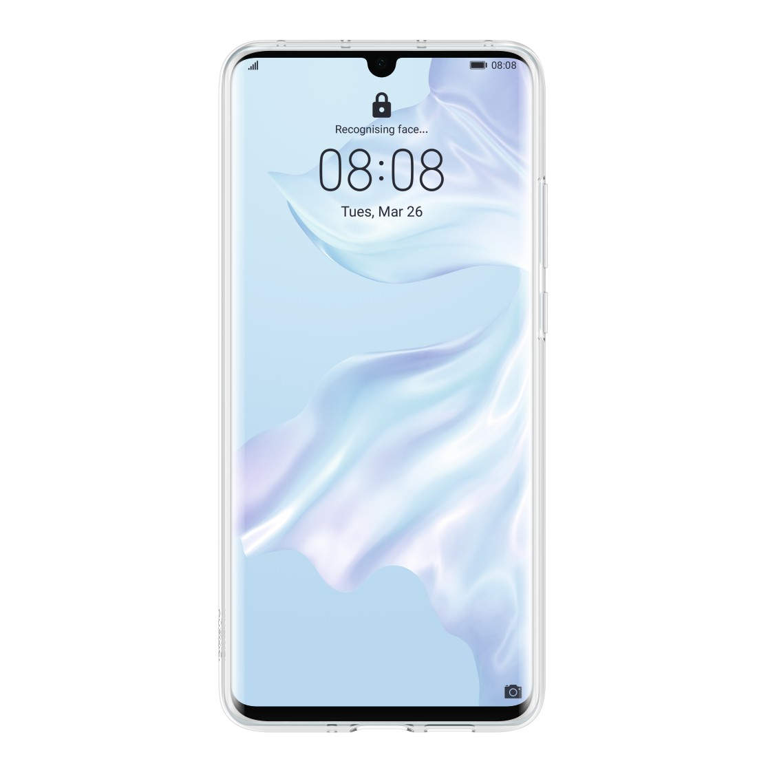 Ein Smartphone zeigt die Uhrzeit und ein Schlosssymbol auf einer durchsichtigen Hülle.