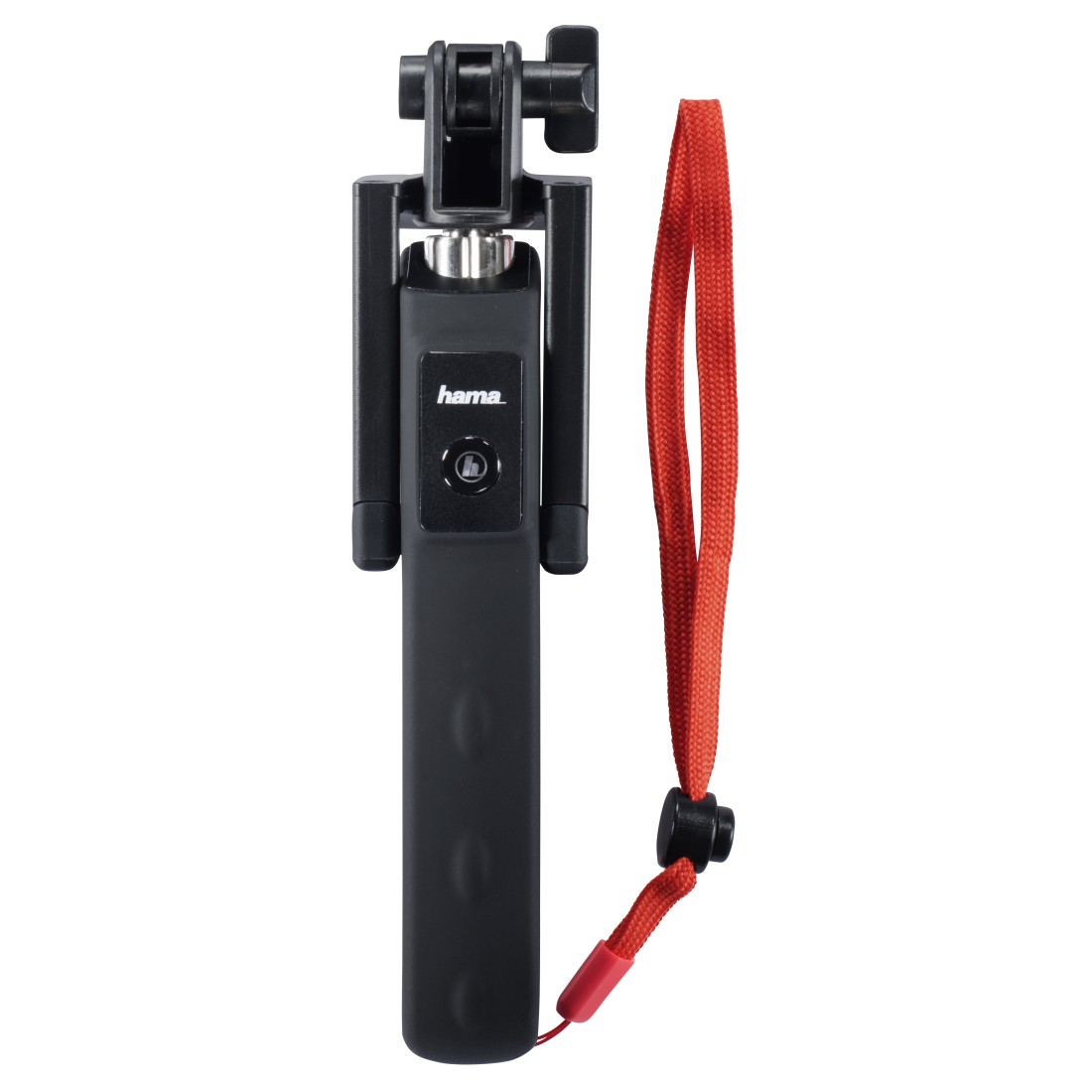 Schwarzer Selfie-Stick mit rotem Band. Das Objekt befindet sich auf weißem Hintergrund.