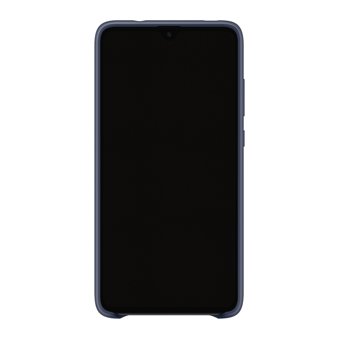 Ein dunkelblaues Smartphone mit schwarzem Bildschirm. Das Telefon hat eine Frontkamera.