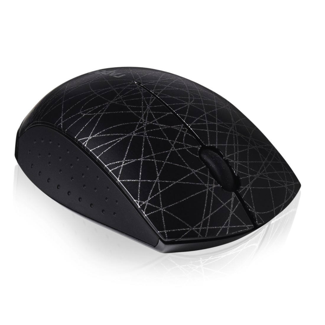 Schwarze kabellose Maus mit geometrischem Silbermuster. Sie hat ein Scrollrad und Tasten.