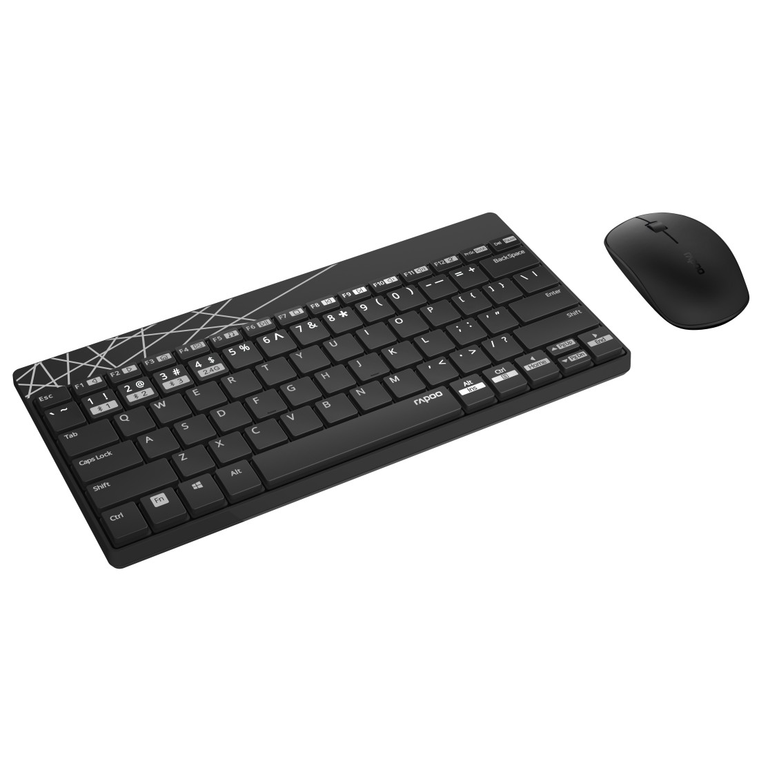 Schwarze kabellose Tastatur mit Maus. Die Tastatur hat ein einzigartiges Design.