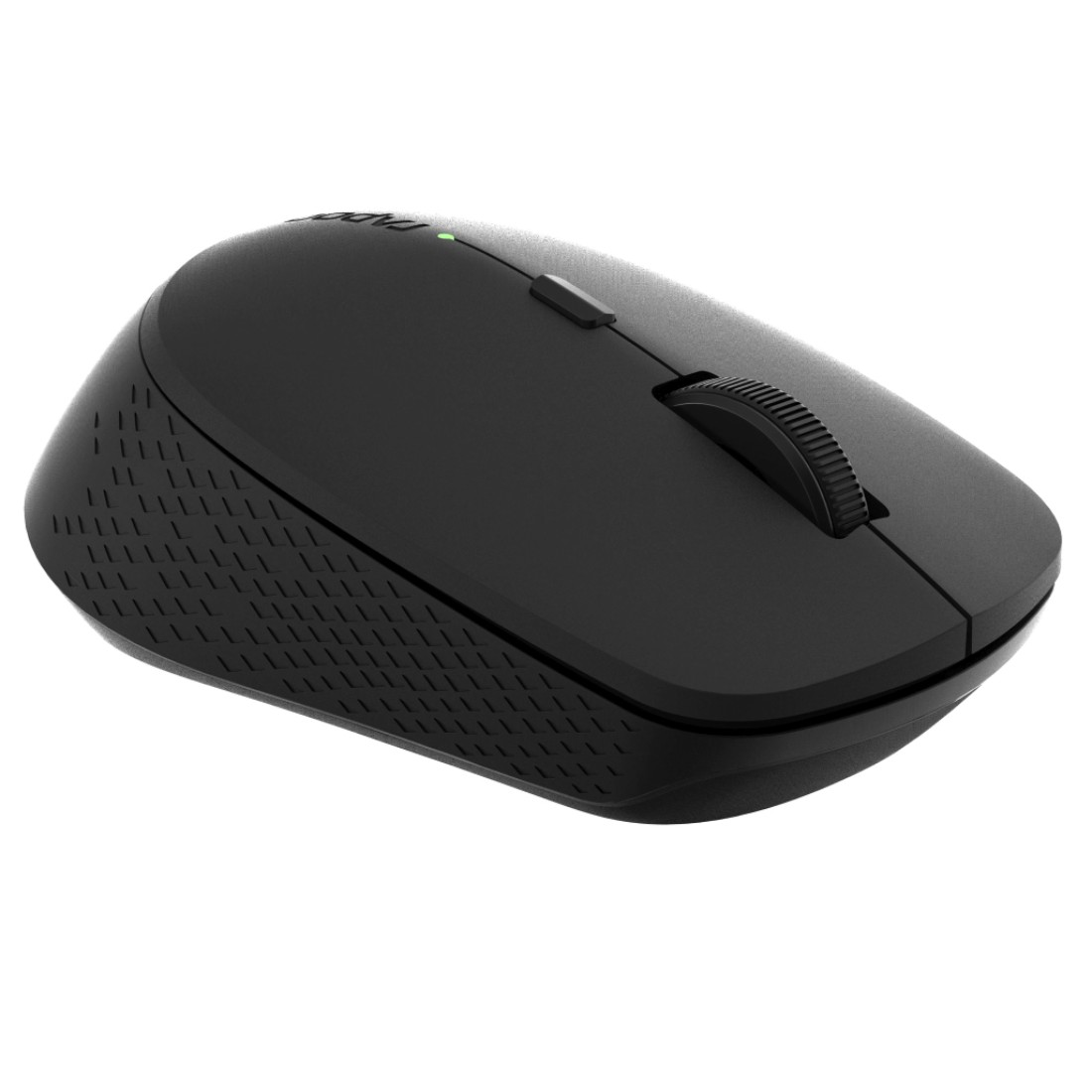 Eine schwarze Computermaus mit einem Scrollrad und einer Taste.