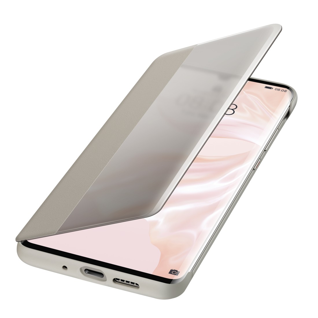 Ein Telefon mit geöffneter Hülle, das den Bildschirm freigibt. Das Telefon ist silber und beige.