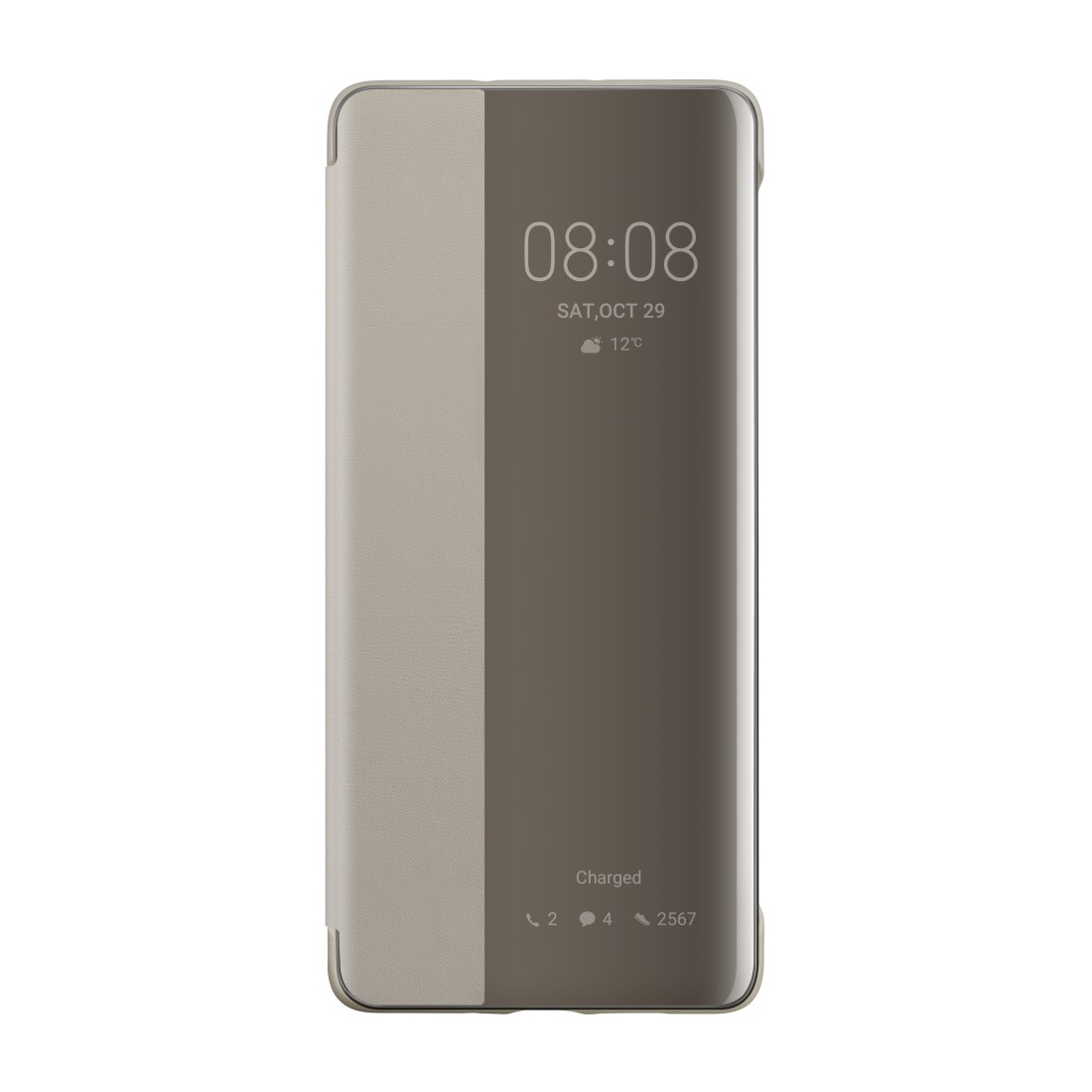 Geschlossene Handyhülle zeigt Uhrzeit und Datum. Beige Farbe. Zeigt 08:08 und 29. Okt.