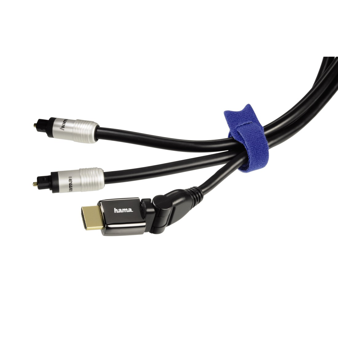 Schwarze Kabel mit Anschlüssen, eines mit HDMI, und blauem Klettverschluss.