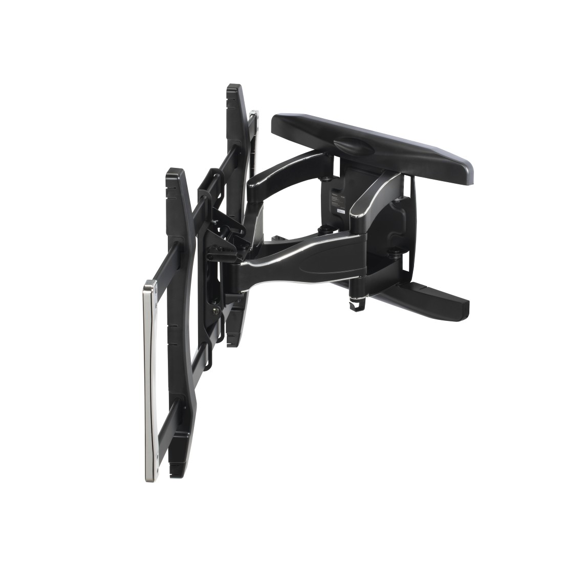 Eine schwarze TV-Wandhalterung. Metall, abgewinkelt und hat verstellbare Arme. Es ist freigestellt auf weißem Hintergrund.