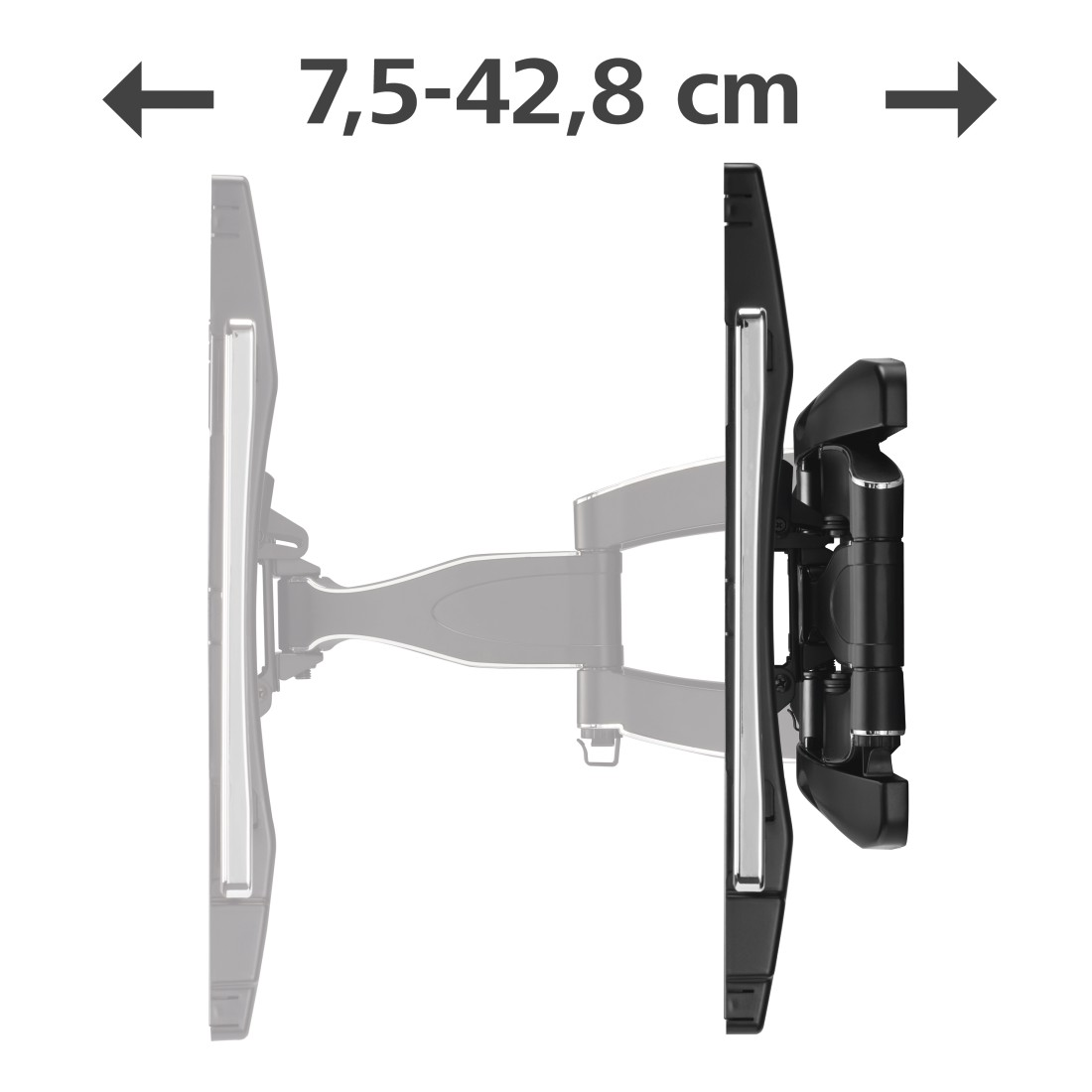 TV-Wandhalterung. Schwarz und Silber, mit einer Reichweite von 7,5-42,8 cm. Weißer Hintergrund.