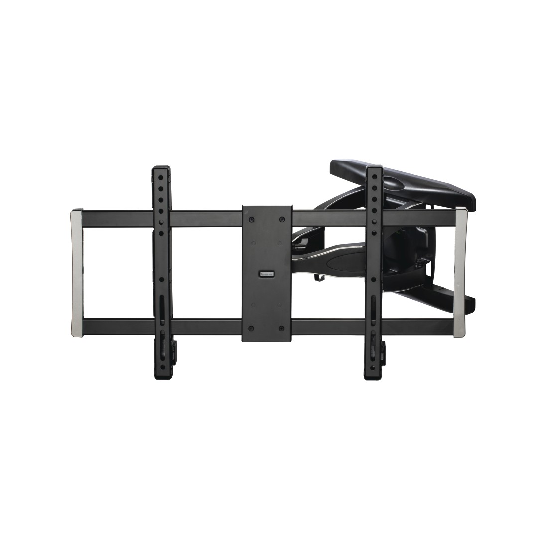 Eine schwarze TV-Wandhalterung mit silbernem Metallrand in einer Studio-Umgebung.
