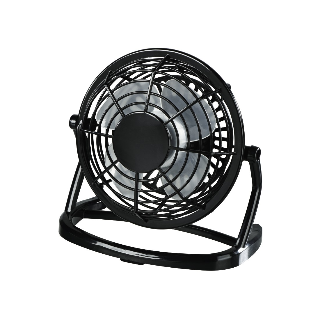 Schwarzer Schreibtischventilator in einem Käfig. Er steht auf einem Ständer mit rundem Fuß.