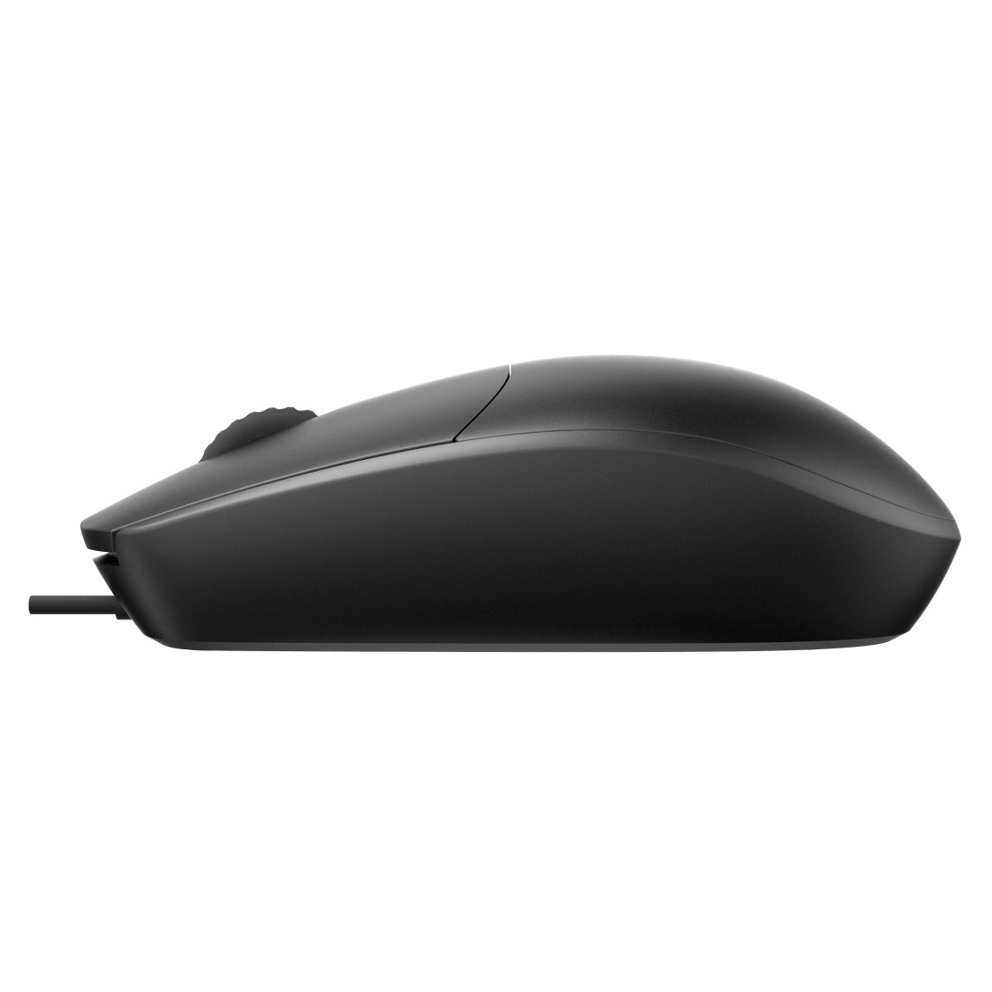 Schwarze Maus mit Scrollrad und Kabel.