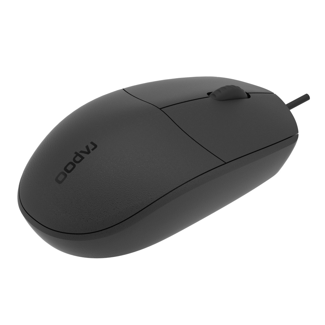 Eine schwarze Rapoo-Computermaus. Sie hat ein Scrollrad und zwei Tasten. Der Markenname steht drauf.
