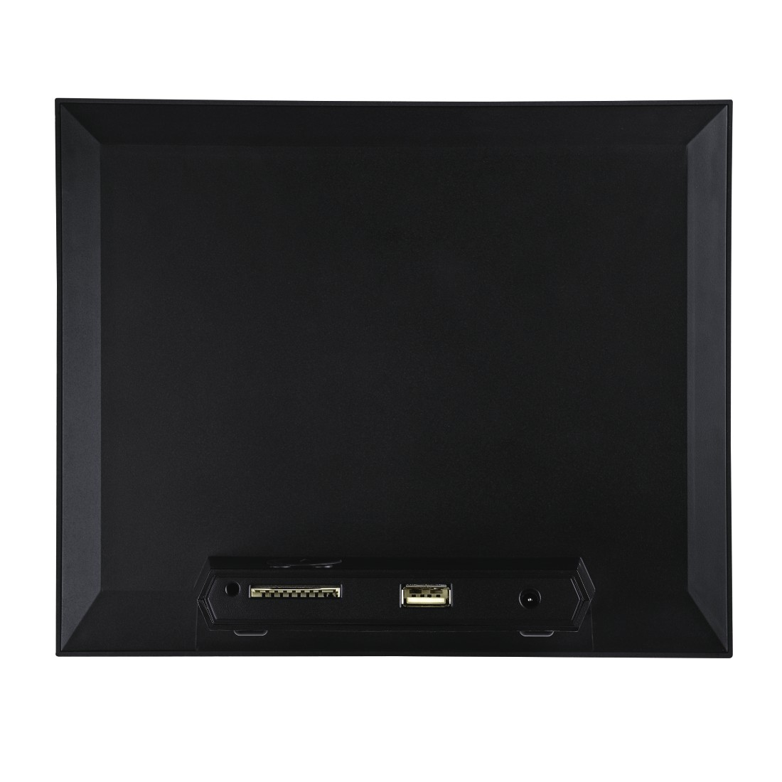 Ein schwarzes rechteckiges Gerät mit USB- und anderen Anschlüssen. Das Gerät hat ein schlankes, modernes Design.