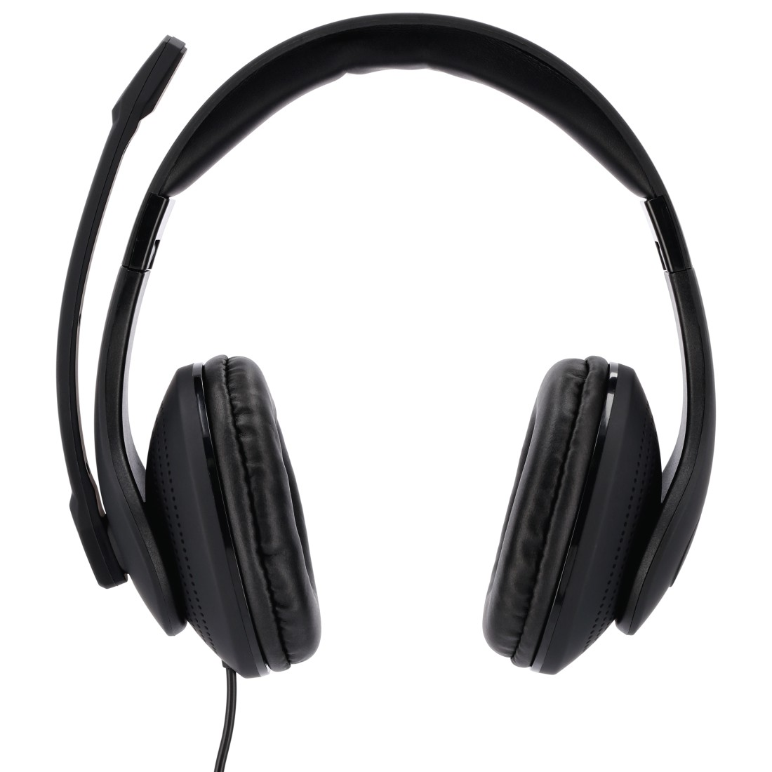 Schwarzes Headset mit Mikrofon. Das Headset hat große Ohrmuscheln.