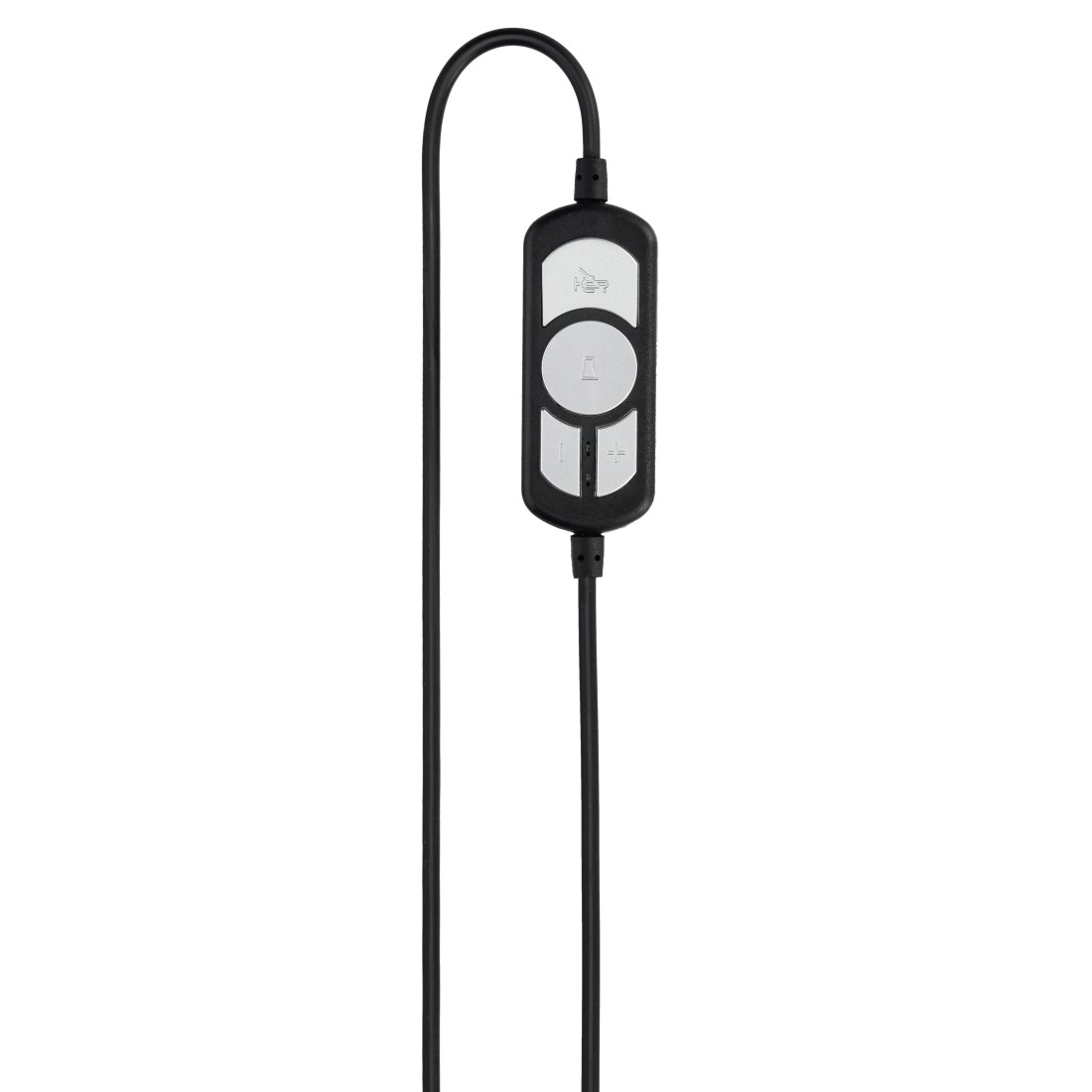 Schwarze Inline-Fernbedienung mit drei Tasten und einem Lautstärkeregler an einem schwarzen Kabel.