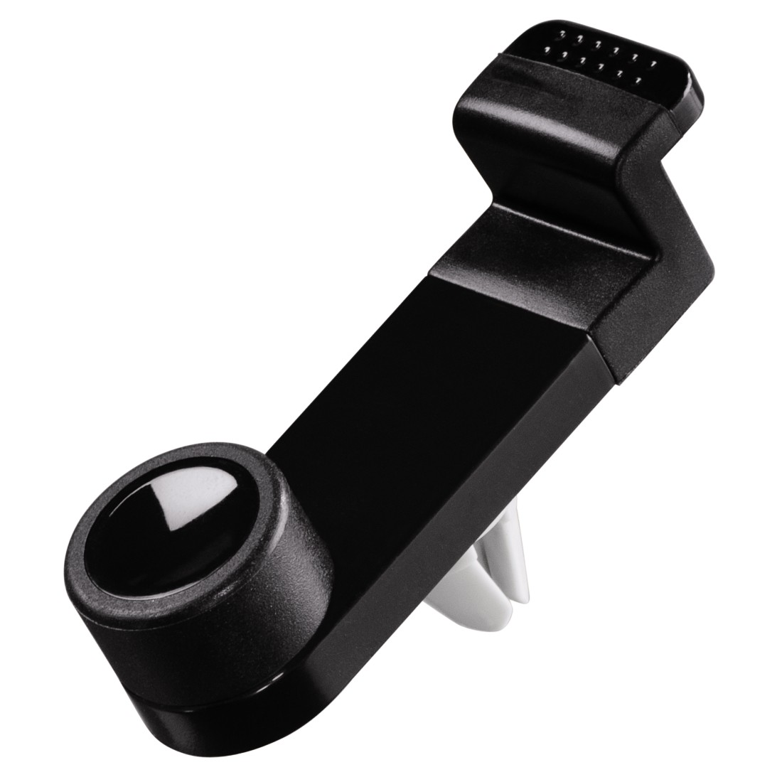 Eine schwarze Autohalterung für ein Telefon mit einem drehbaren Kugelgelenk.