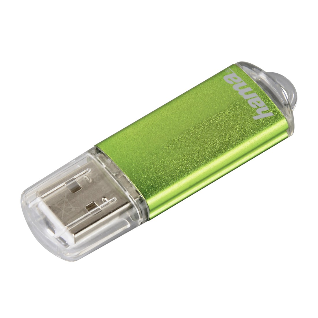 Grüner und silberner USB-Stick auf weißem Hintergrund.