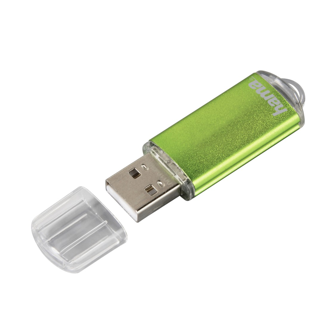 Grüner USB-Stick mit durchsichtiger Kappe daneben, auf weißem Hintergrund.