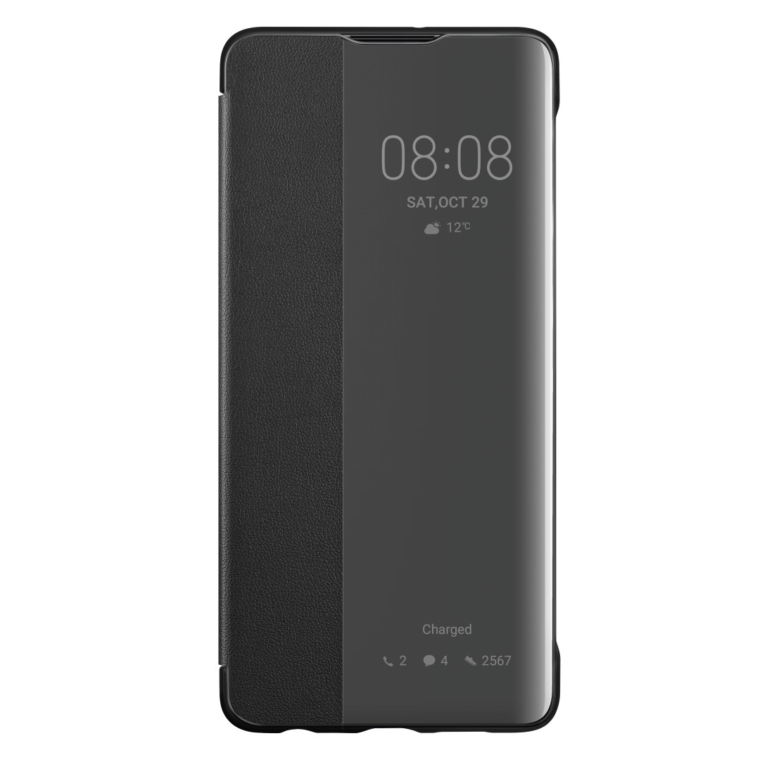 Eine schwarze Handyhülle mit Anzeige von Uhrzeit und Datum und dem Wort 'Charged' unten.