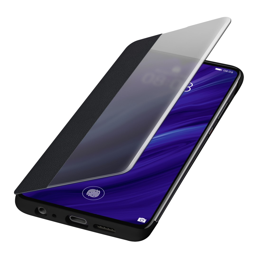 Ein Smartphone mit schwarzem Gehäuse, teilweise geöffnet, das den Bildschirm zeigt. Das Gehäuse ist schwarz.