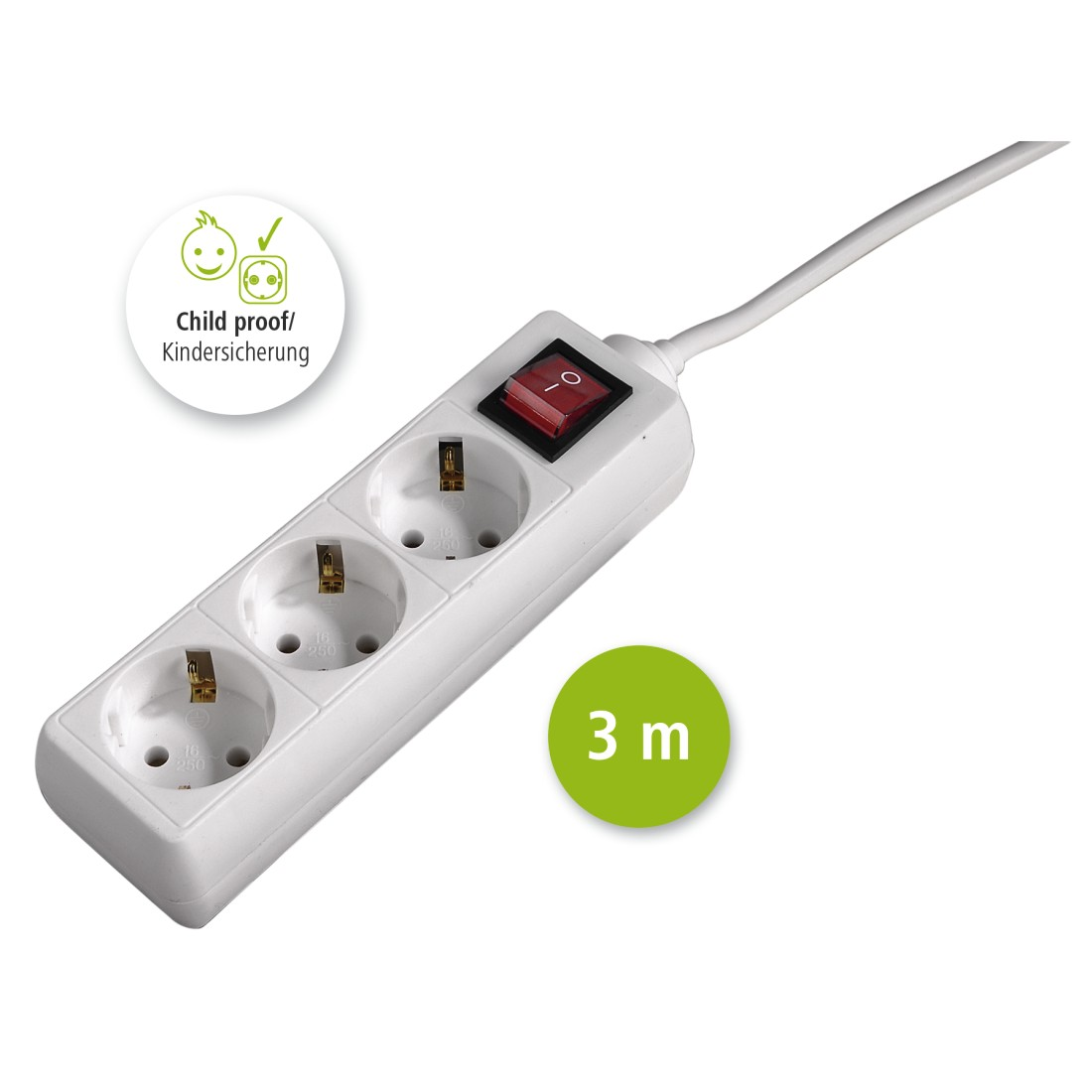 Weiße Steckdosenleiste mit drei Steckplätzen, rotem Schalter und 3m Kabel.