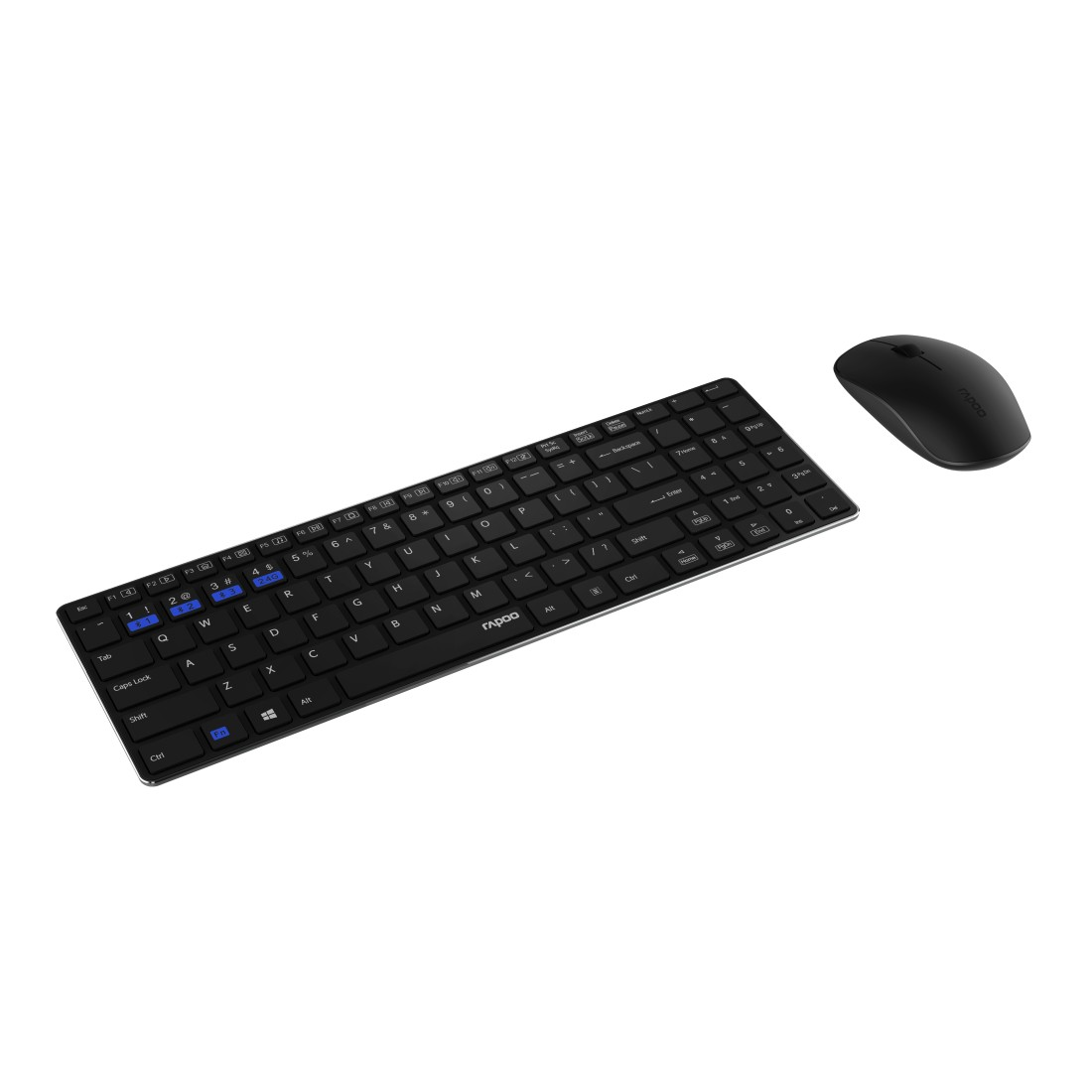 Schwarzes Tastatur- und Maus-Set auf weißer Oberfläche. Tastatur hat zahlreiche Tasten.