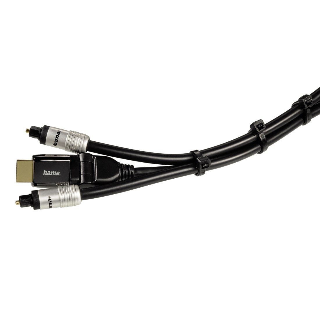 Schwarze Kabel mit 'hama' Anschlüssen und einem HDMI. Kabel sind mit schwarzen Kabelbindern befestigt.