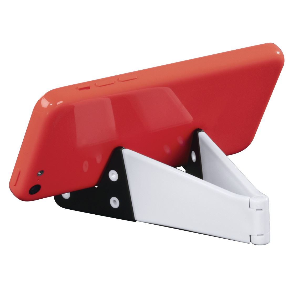 Rotes Telefon in einem weißen und schwarzen Ständer.