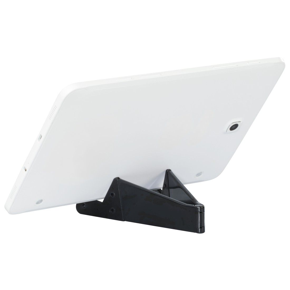 Weißes Tablet, das von einem schwarzen Ständer gehalten wird, Rückseite sichtbar.