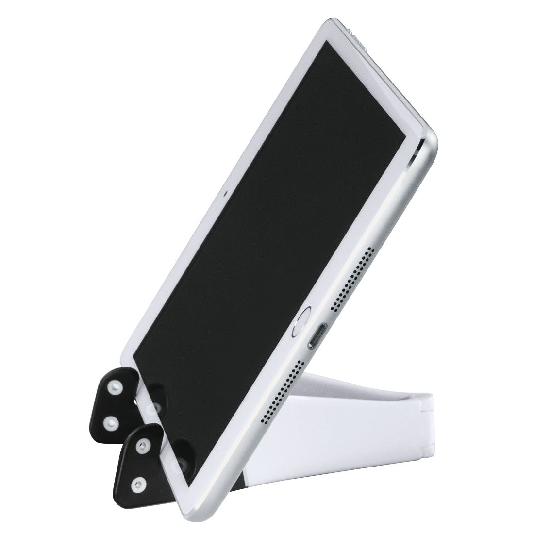 Ein Tablet in einem weißen Ständer, zum Betrachten nach oben geneigt.