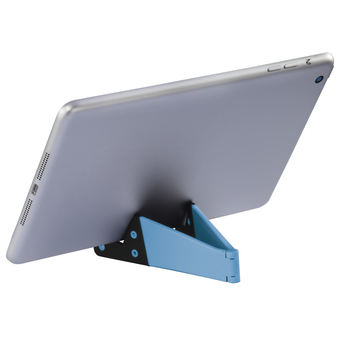 Tablet auf einem blau-schwarzen Ständer aufgestellt.