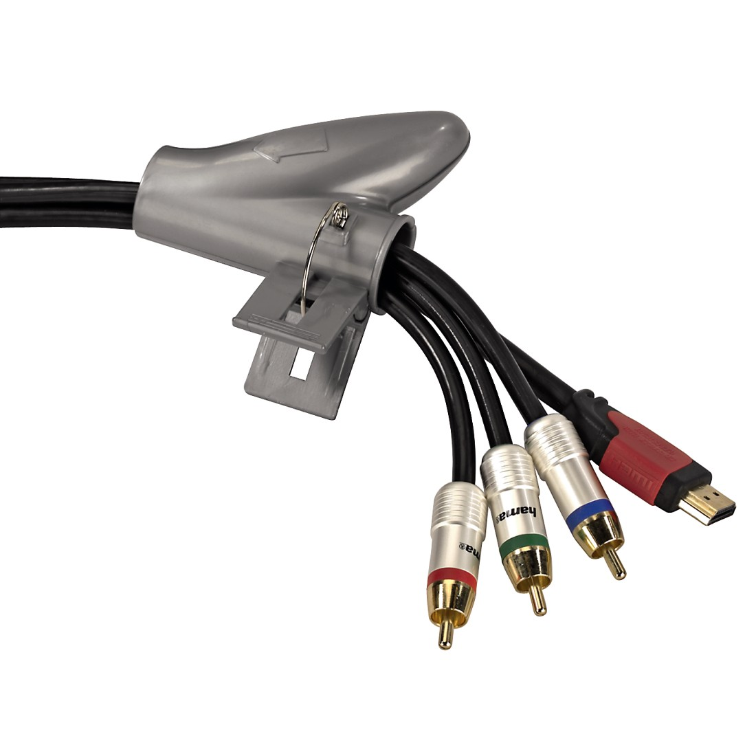 Grauer Kabelorganisator, der mehrere schwarze Kabel mit verschiedenen Cinch- und HDMI-Anschlüssen hält, weißer Hintergrund.