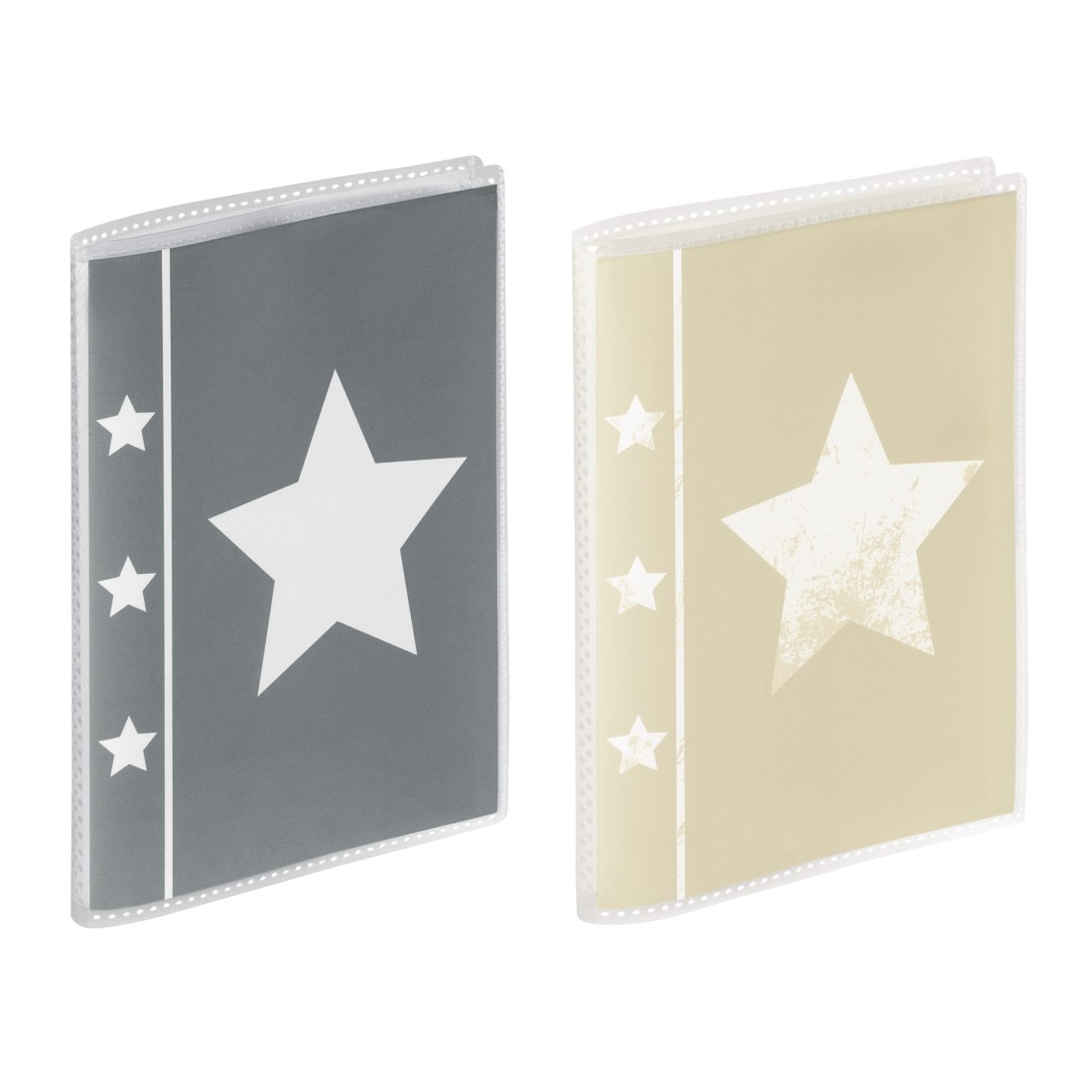 Zwei transparente Fotoalben mit Sterndesigns. Eines ist grau, das andere beige.