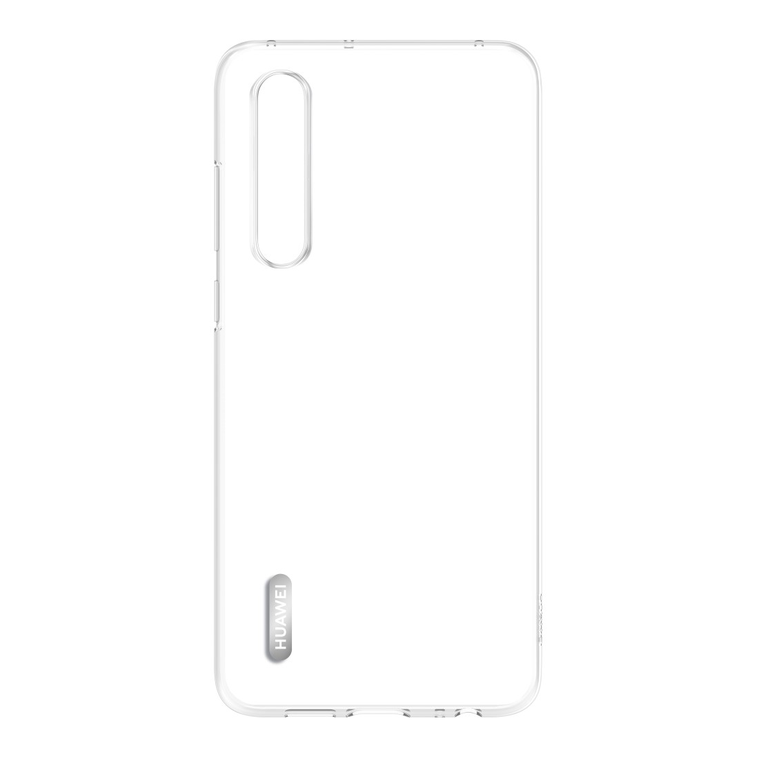 Transparente Handyhülle mit Huawei-Logo auf weißer Oberfläche.