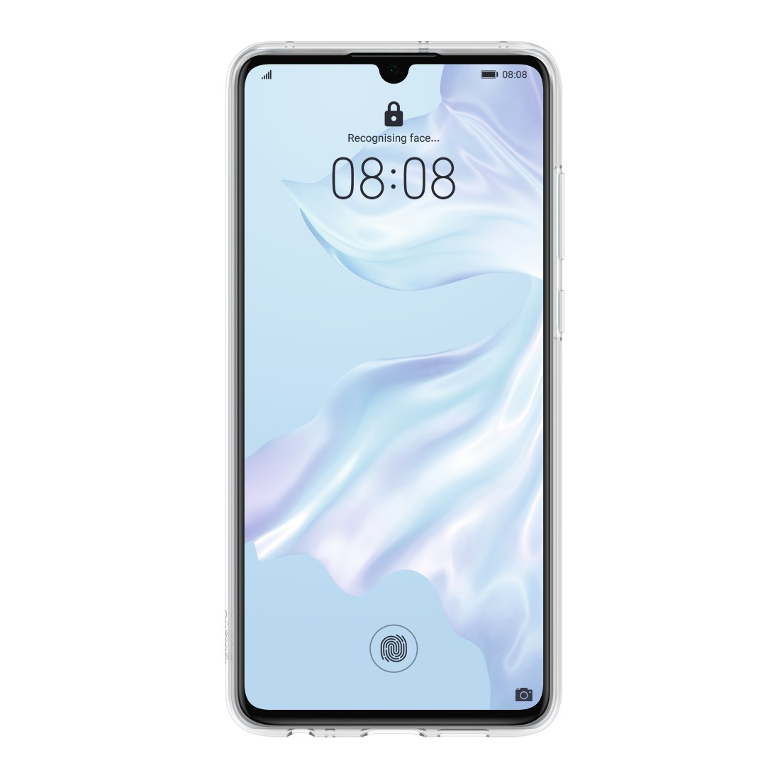 Ein Smartphone in einer durchsichtigen Hülle, das einen Sperrbildschirm mit Uhrzeit und Fingerabdruck anzeigt.